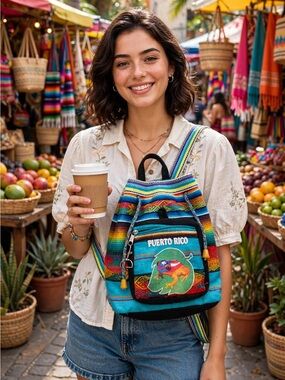 Handmade Puerto Rico Mini Backpack Coqui Frog Serape Drawstring Boho Bag